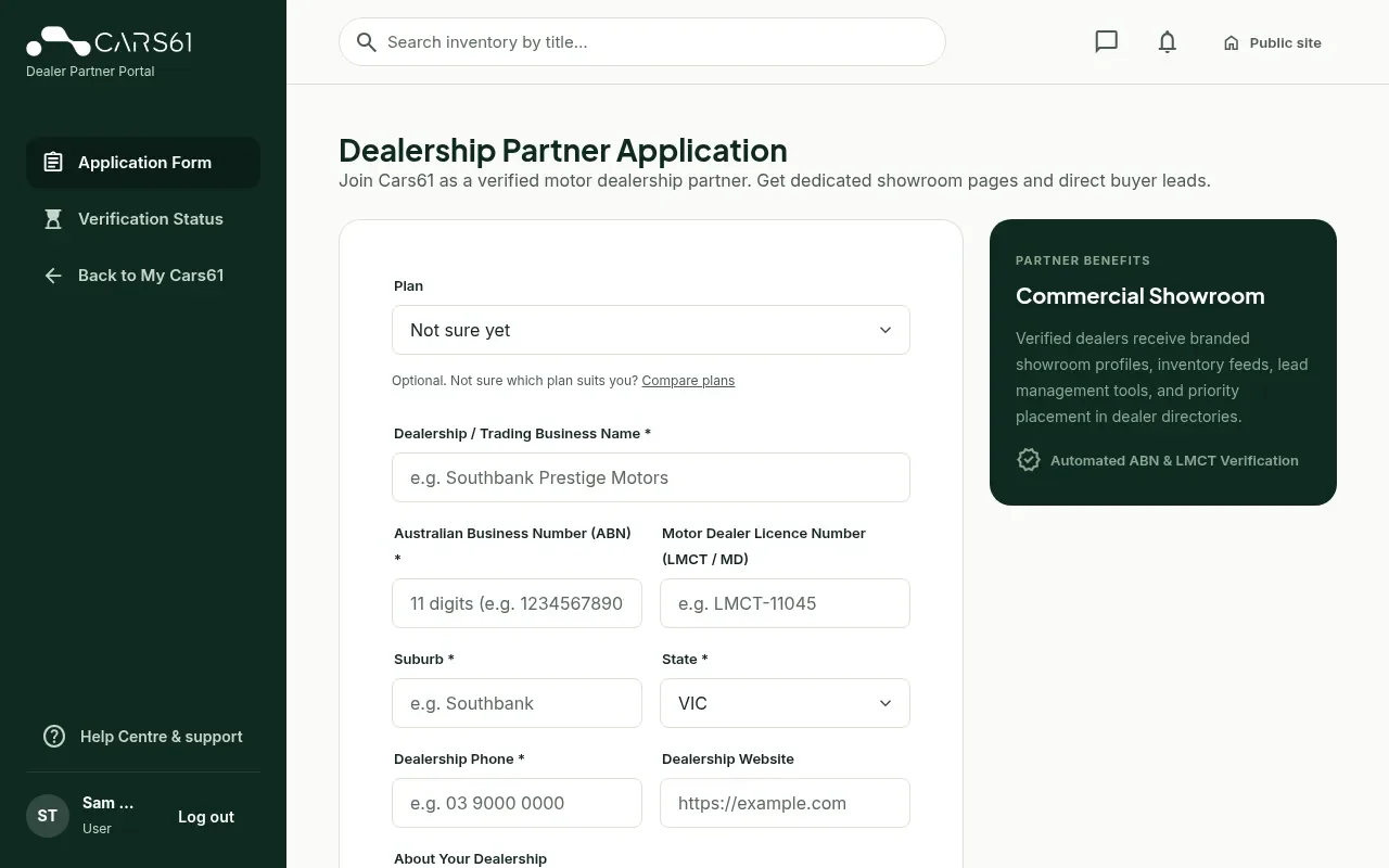 The Dealership Partner Application form with business name, ABN, licence, suburb, state and phone fields