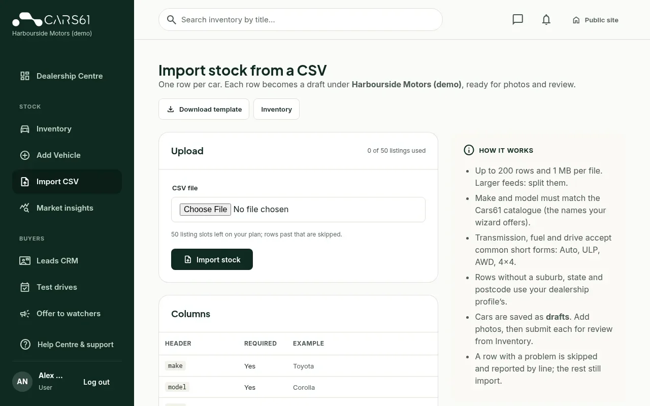 The stock import page with a Download template link and a file picker
