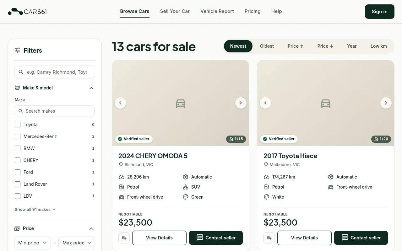 The search results page with the filter panel on the left and car cards on the right