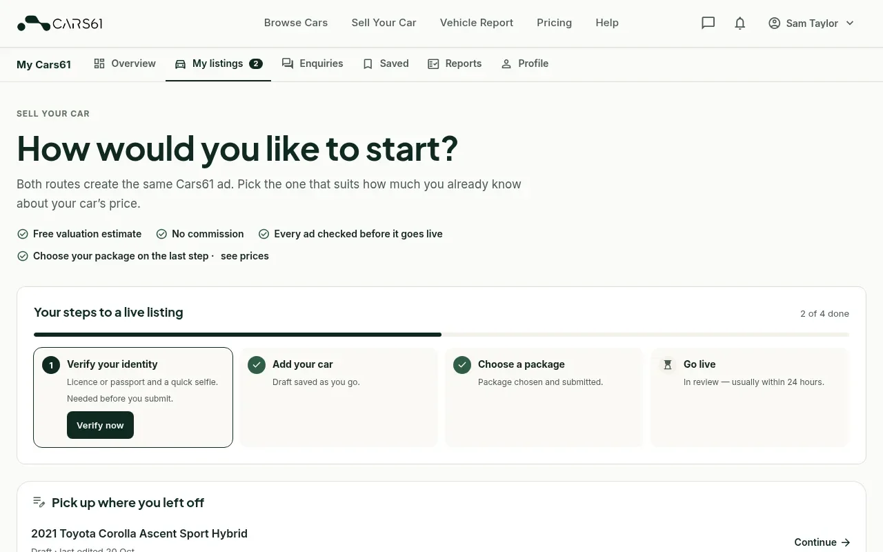 The How would you like to start page, offering Price it and list it, or Create a full listing, with a checklist of steps