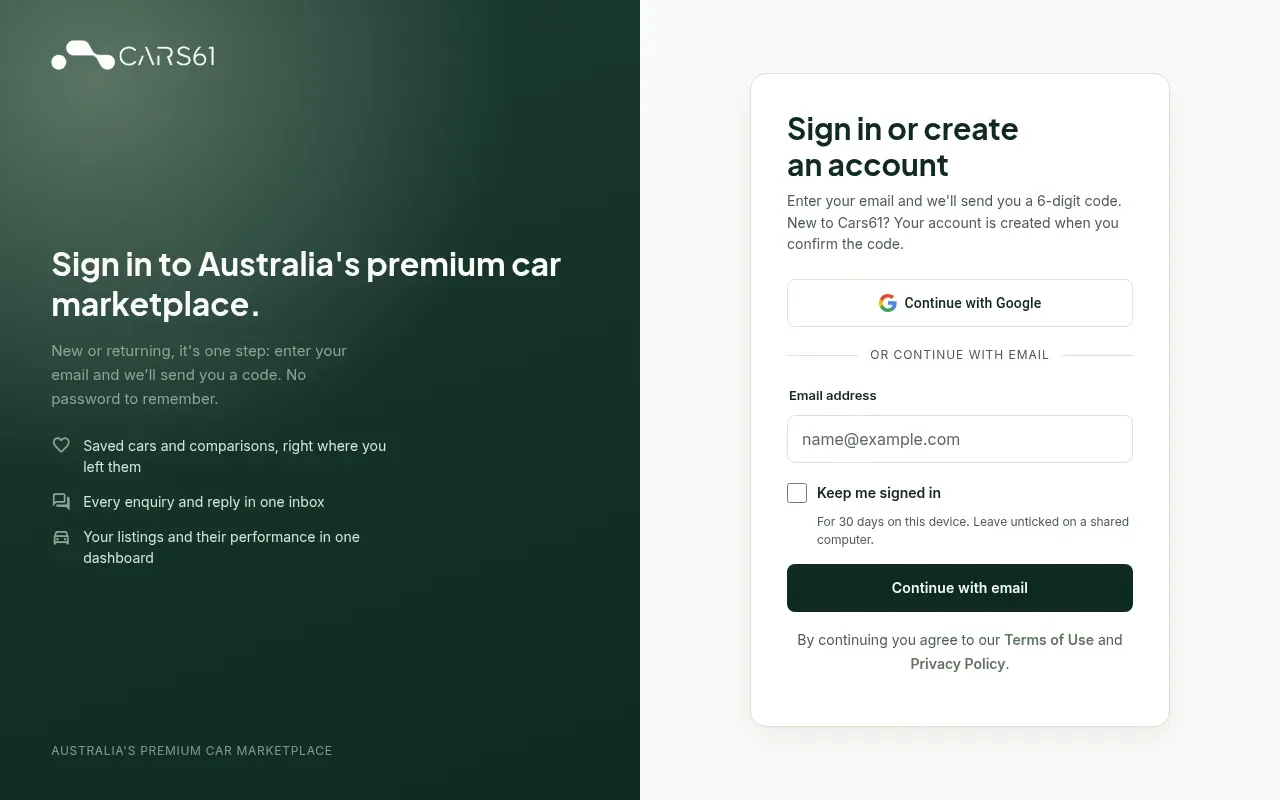 The Cars61 sign-in page with an email address field and a Continue with email button