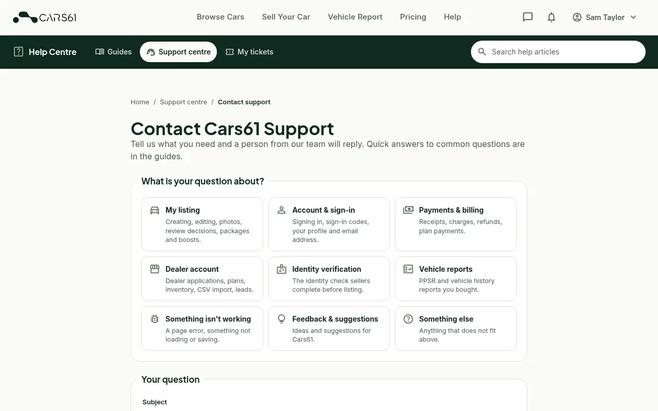 The Contact support form with a topic list, subject and message fields