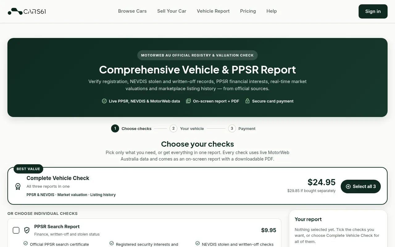 The vehicle report page with report packages to choose from