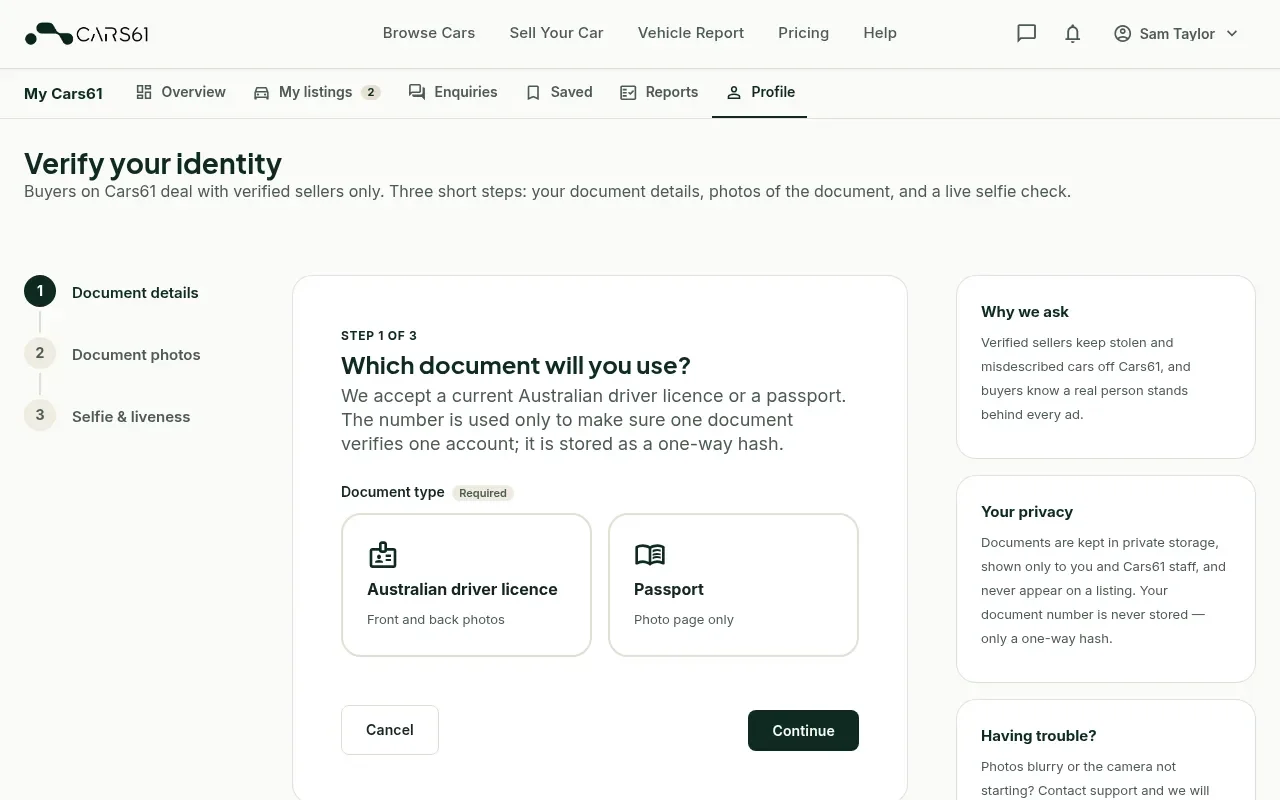 Step 1 of 3 of identity verification: choosing driver licence or passport